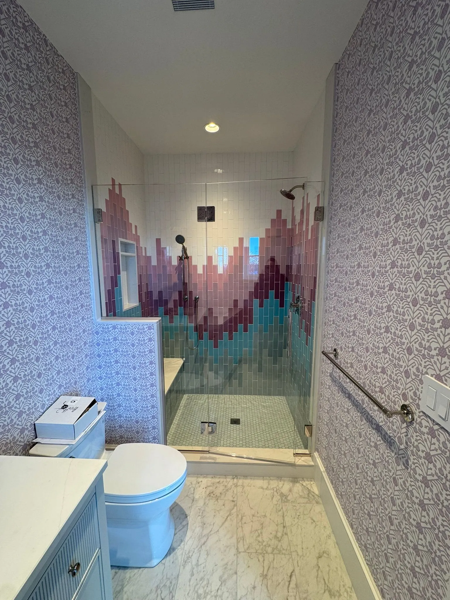 Colorful brick-style tile shower